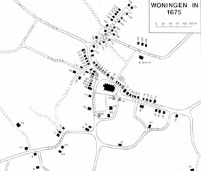 <p>Overzicht van het stratenpatroon met woningen in Haaksbergen omstreeks 1675 (Ten Asbroek 1988). </p>
